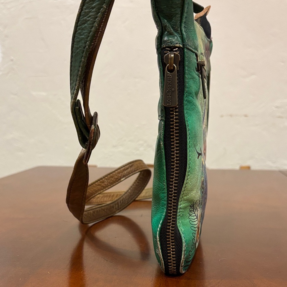 Anuschka Green Adjustable Crossbody Bag with Peacock and Floral‎ Art - Picture 7 of 16